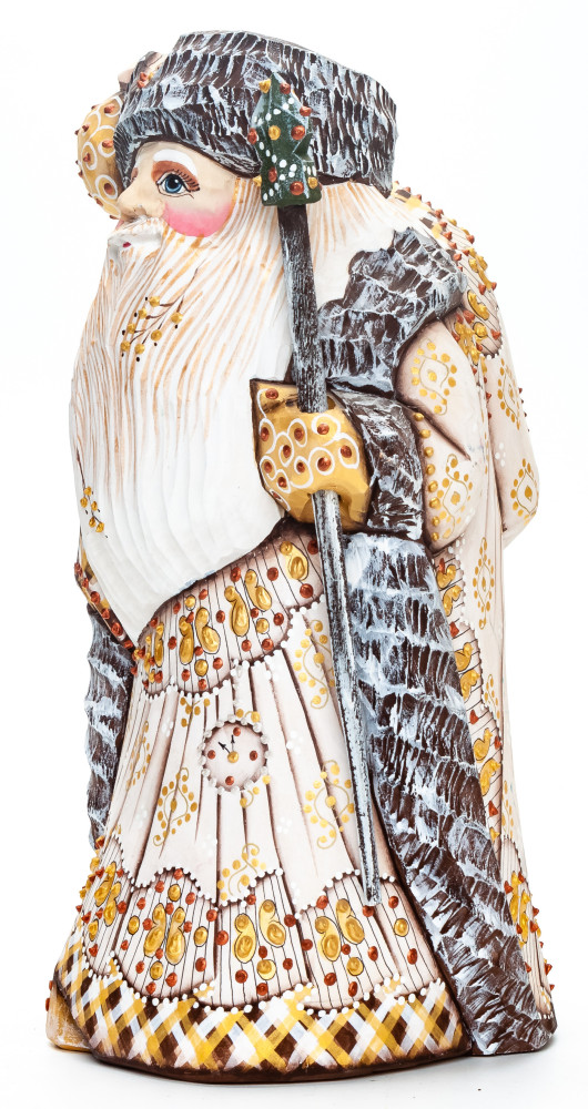 220 mm Santa with a Magic Staff and a Bag handpainted Wooden Carved Statue (by Natalia Nikitina Workshop)
