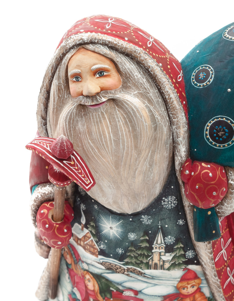 230 mm Santa with a Magic Staff and a Bag with hand painted Kids riding the Sleigh Carved Wood Collectible Figurine (by Sergey Christmas Workshop)