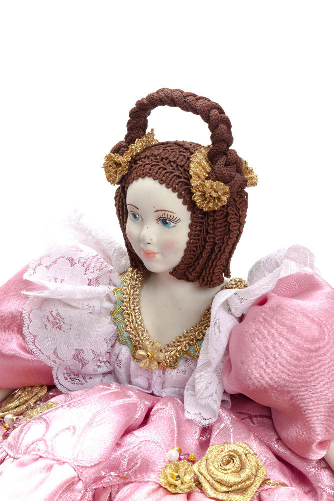 Young Lady in a Pink Dress Kettle Porcelain Doll Warmer - 15 Inches