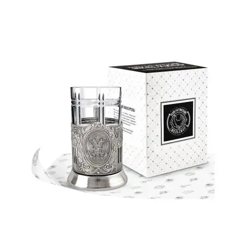 Coat of arms of the Russian Federation nickel plated tea glass holder with crystal glass