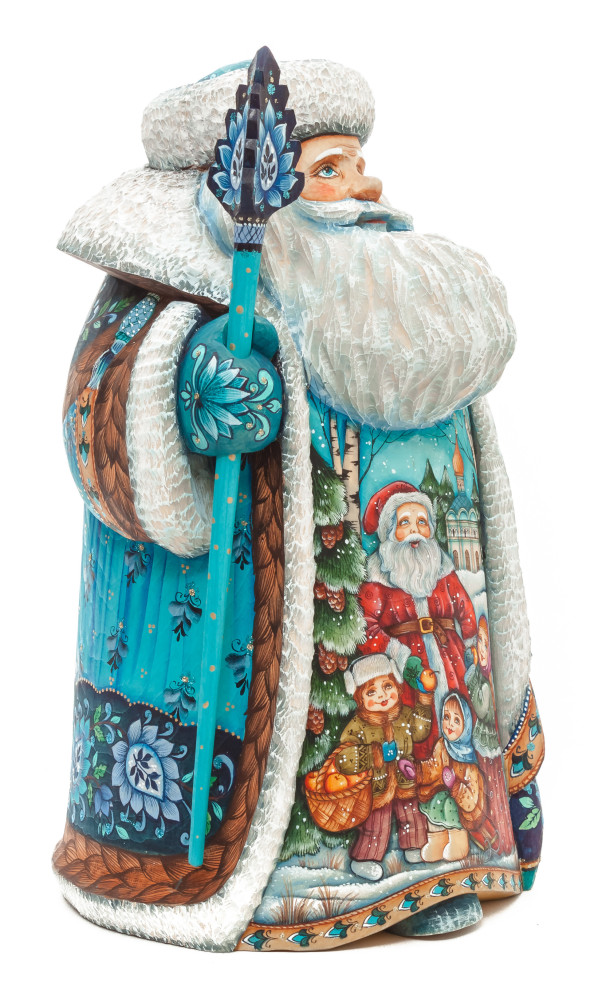 300 mm Santa with a Magic Staff and a Bag with hand painted Santa with Kids Carved Wood Collectible Figurine (by Sergey Christmas Workshop)