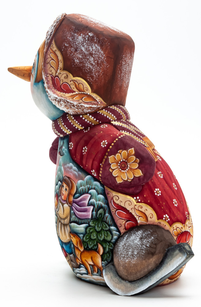 190 mm Snowman Riding the Skates and Children decorating the Christmas Tree wooden figurine (by Natalia Nikitina Workshop)