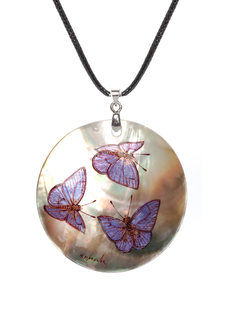 d50 mm Butterflies hand painted Nacre Pendant (by Tatiana Shkatulka Crafts)