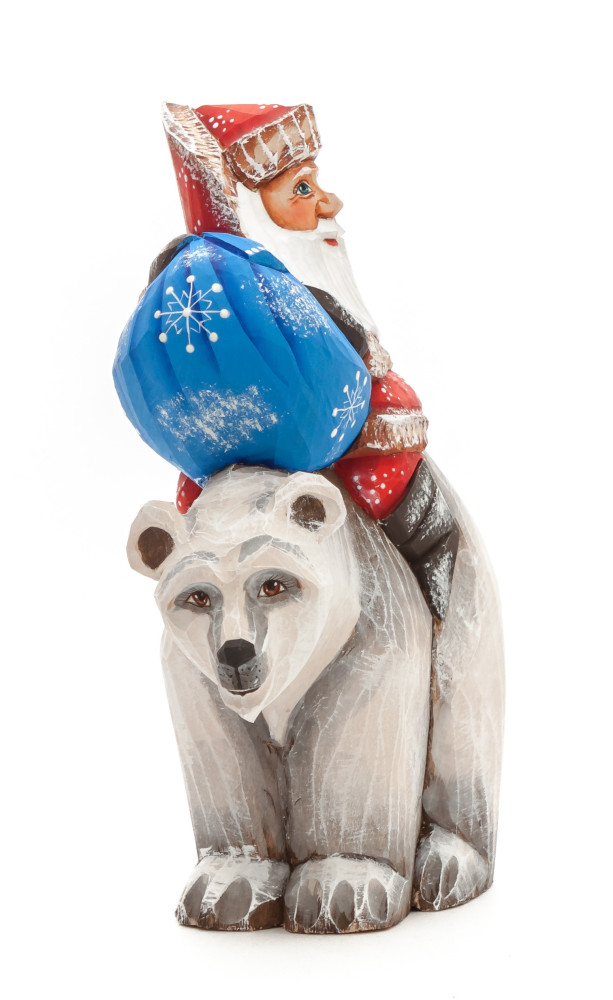 160 mm Santa with a Bag riding the Bear Carved Wood Hand Painted Collectible Figurine (by Sergey Christmas Workshop)