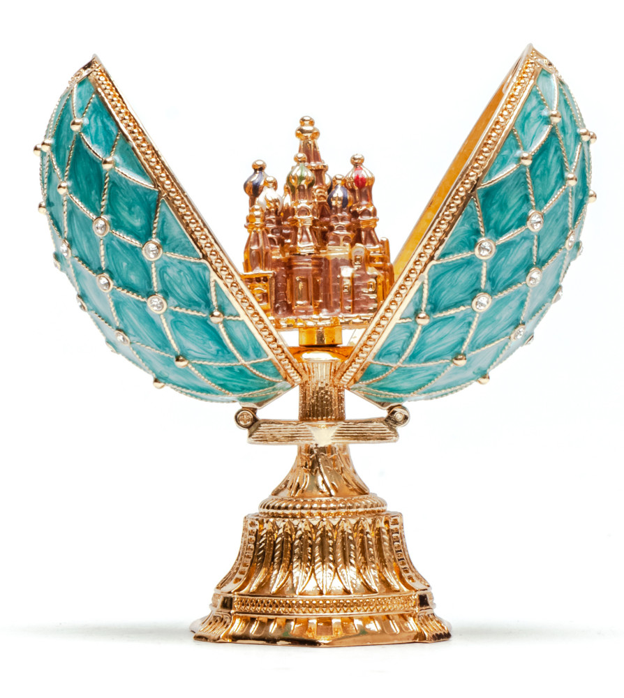 90 mm The Saint Basil Cathedral Light Blue Easter Egg with a Figure inside
