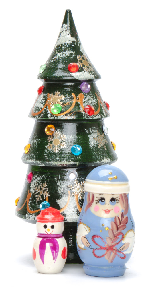 140 mm Christmas Wooden Green Tree with Hand Painted Garlands and Decorations