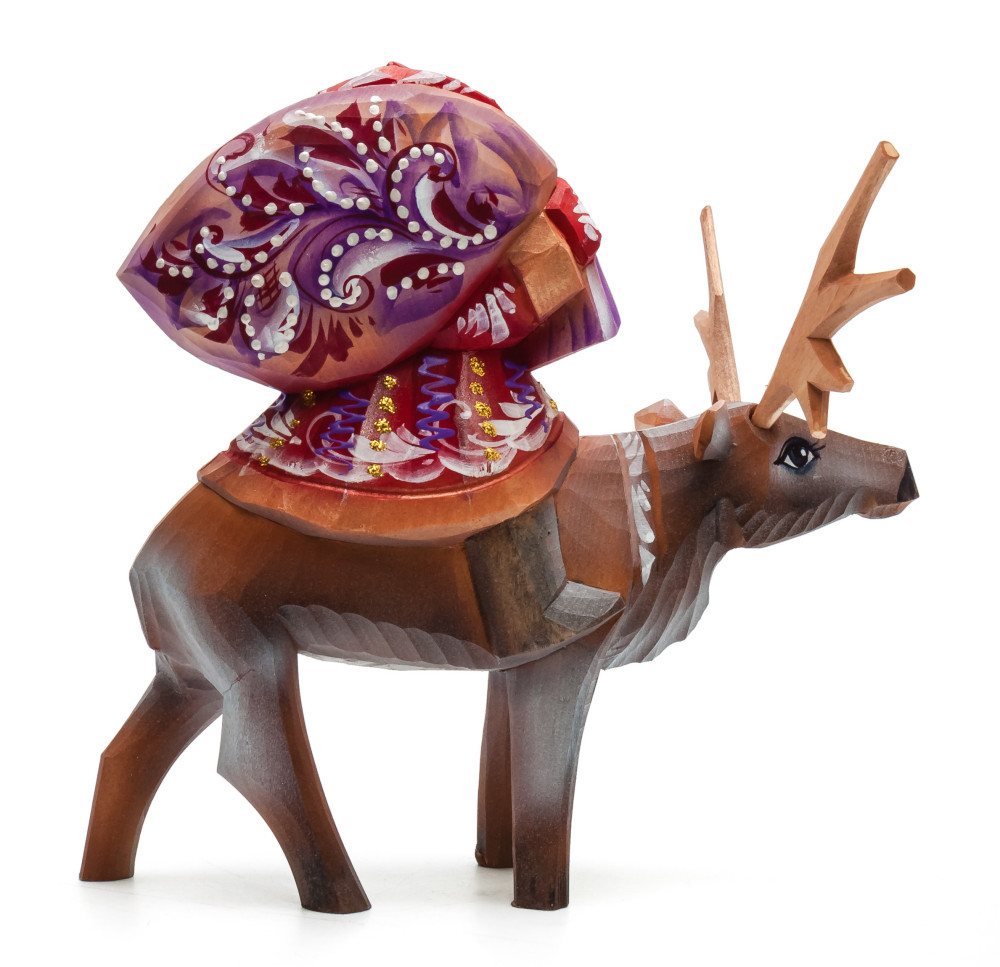 180 mm Santa with a Bag riding a Deer Carved Wood Hand Painted Collectible Figurine (by Igor Carved Wooden Figures Studio)