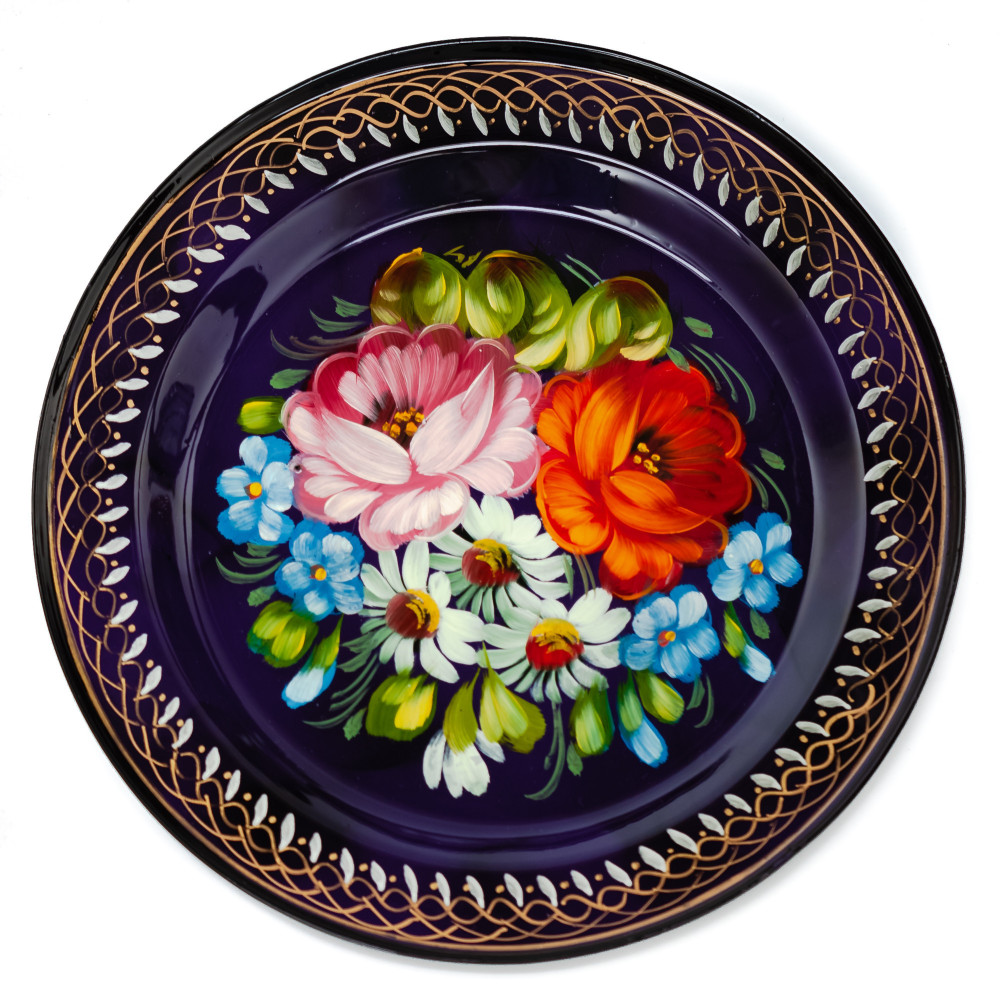  d 180 mm Zhostovo Patterns hand painted and lacquered Metal Forged Violet Tray (by Lada Crafts)