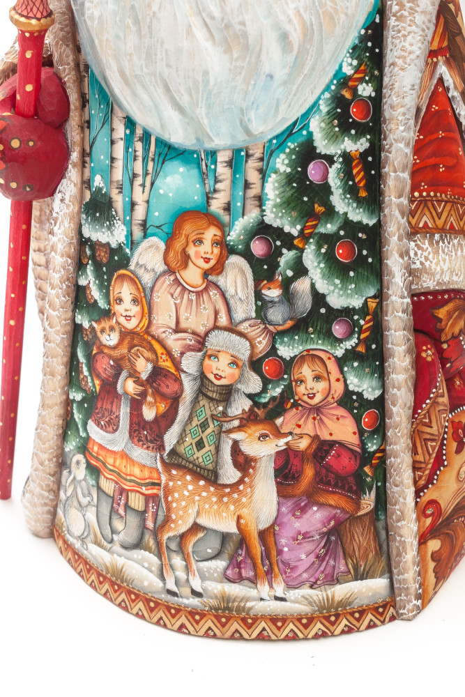 300 mm Santa with a Magic Staff and a Bag with hand painted Angel with Kids Carved Wood Collectible Figurine (by Sergey Christmas Workshop)