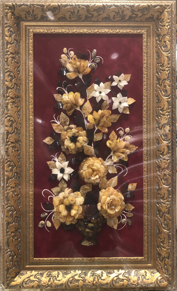 400x700 mm Bouquet of Flowers Still Life on red background hand made of natural Baltic Sea Amber stones (by Russian Amber)