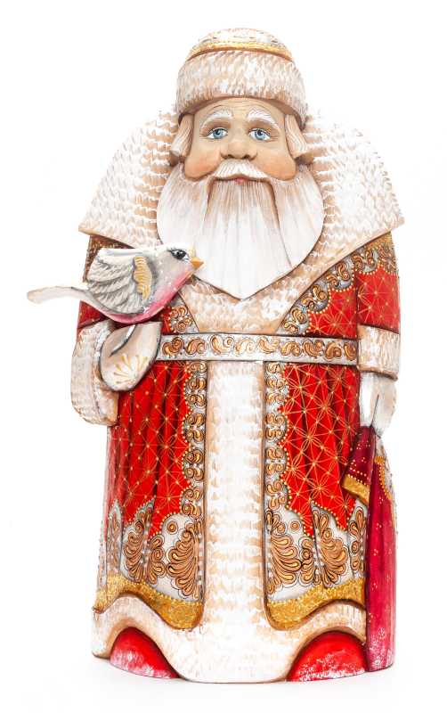 260 mm Santa Claus with a Bag and a Bird Carved Wood Hand Painted Collectible Figurine  (by Igor Carved Wooden Figures Studio)