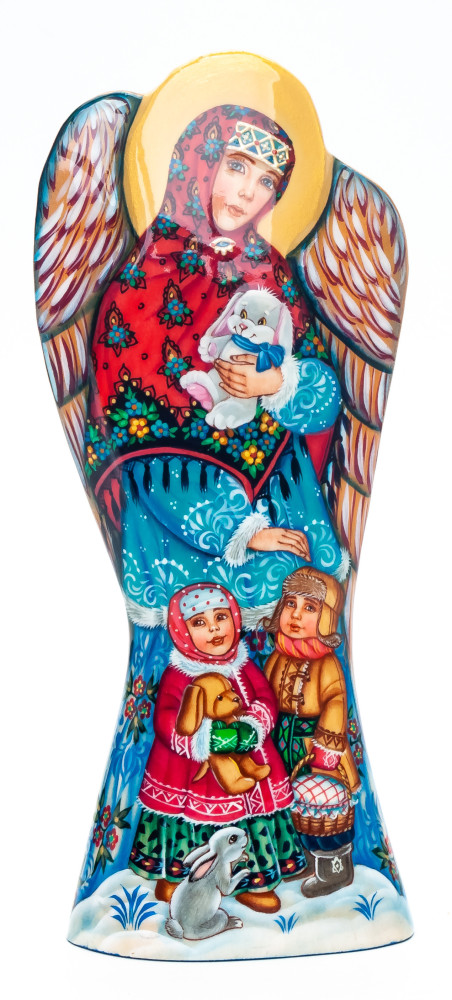 180 mm Mother Angel with Children on hand painted wooden figurine