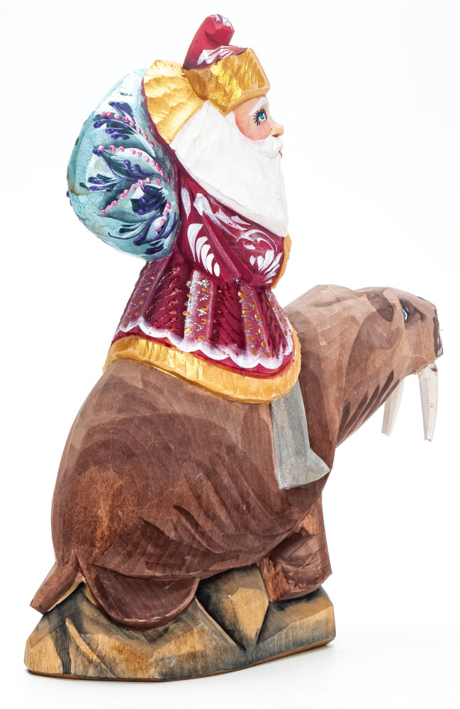 180 mm Santa with a Bag Riding the Walrus handpainted Wooden Carved Statue (by Igor Carved Wooden Figures Studio)