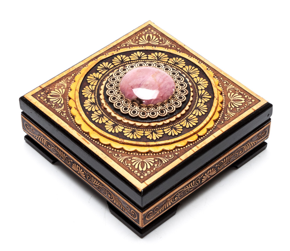110x110 mm Siberian Patterns hand made Birchbark Jewelry Box (by Maxim Birch)