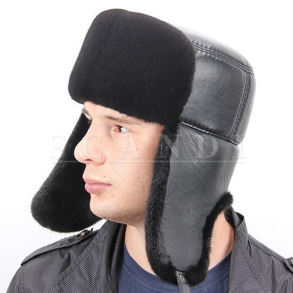 Black Mink Fur Hat with Ear flaps and leather top (by Scandi Furs)