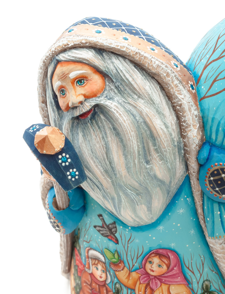 220 mm Santa with a Magic Staff and a Bag with hand painted Kids playing with a Bullfinch Carved Wood Collectible Figurine (by Sergey Christmas Workshop)