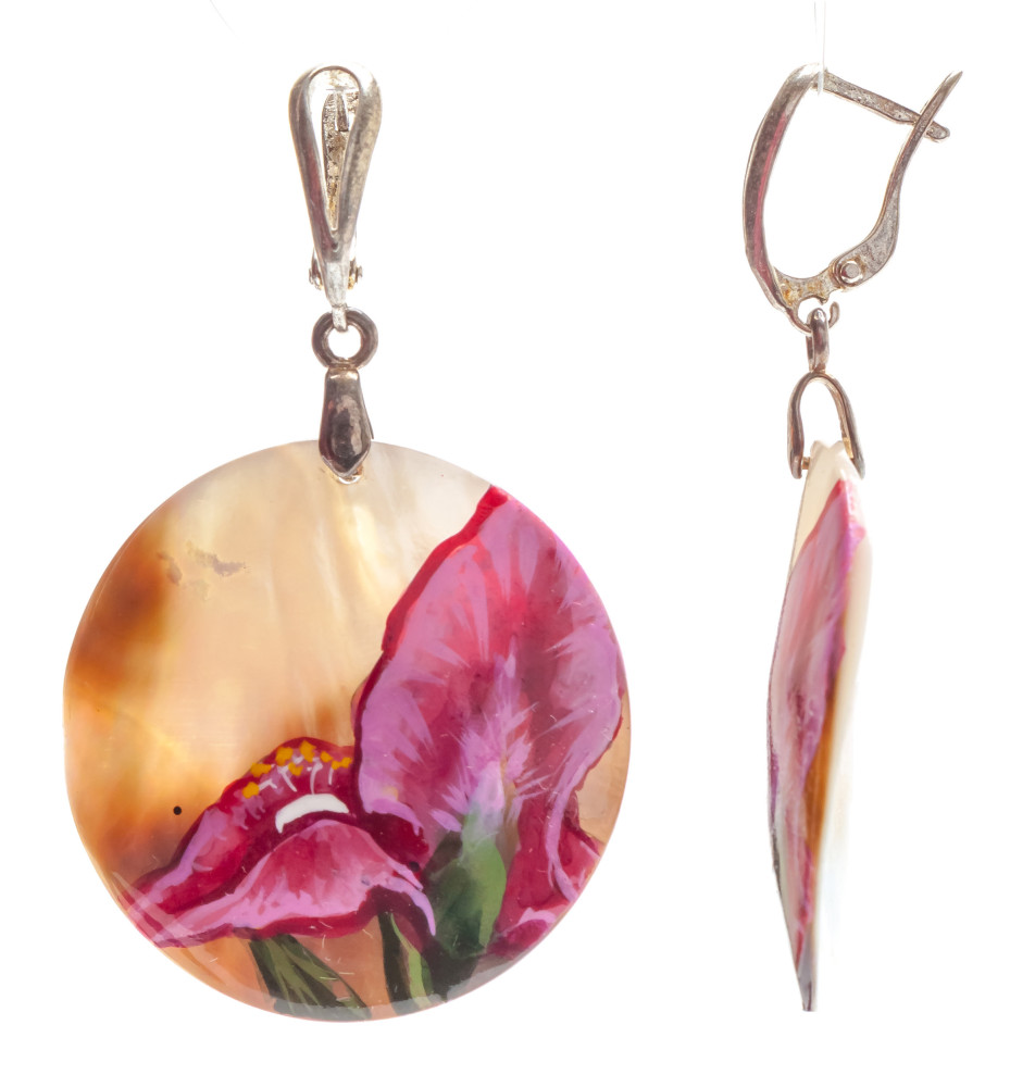 d35 mm Flower hand painted on Nacre Earrings (by Tatiana Shkatulka Crafts)