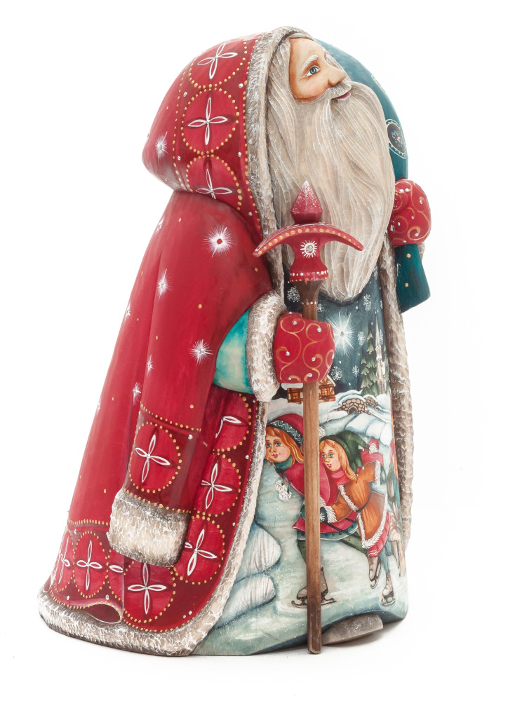 230 mm Santa with a Magic Staff and a Bag with hand painted Kids riding the Sleigh Carved Wood Collectible Figurine (by Sergey Christmas Workshop)
