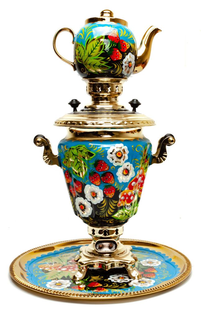 Mushrooms Hand Painted Electric Samovar Kettle with Teapot and Tray