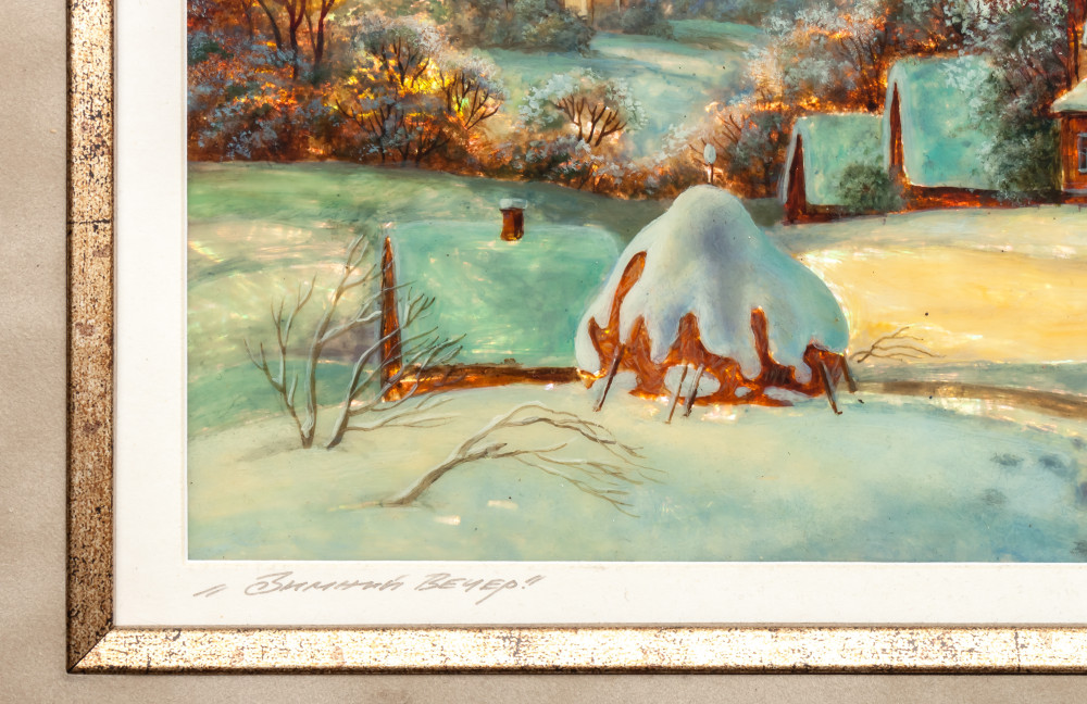 470x350 mm Winter Evening hand painted on Nacre Fedoscino painting (by Tatiana Fedoscino Arts)