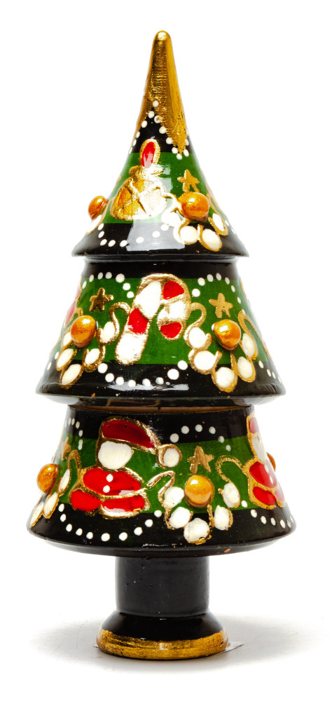 130 mm Christmas Wooden Green Tree with Hand Painted Garlands and Decorations