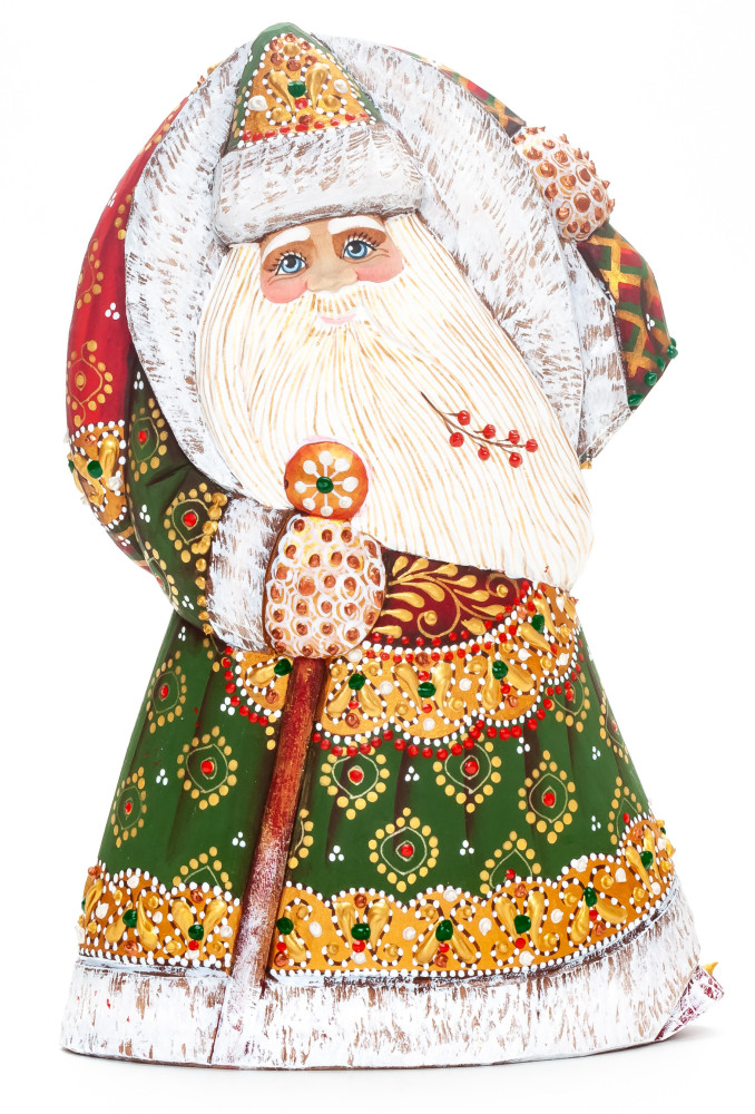 190 mm Santa with a Magic Staff and a Bag Carved Wood Hand Painted Collectible Figurine (by Natalia Workshop)