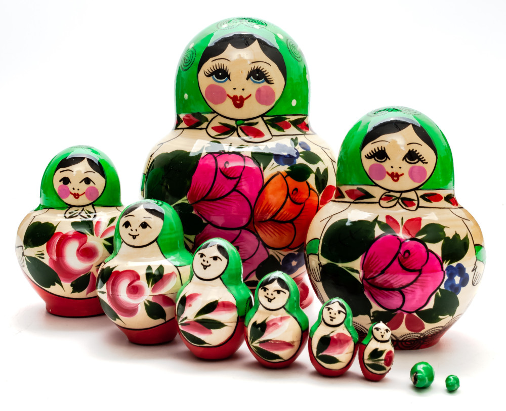 Semenovskaya Russian Matryoshka Nesting Doll green head round 10 pcs inside