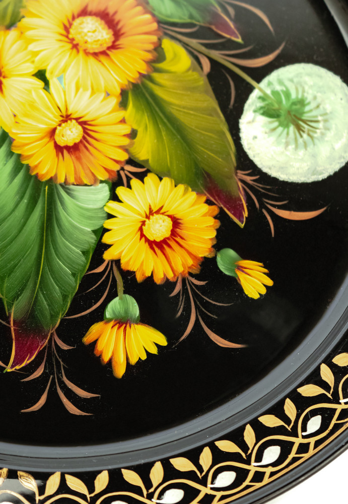 d 230 mm Zhostovo Patterns hand painted and lacquered by Kudinov Metal Forged Black Tray (by Lada Crafts)
