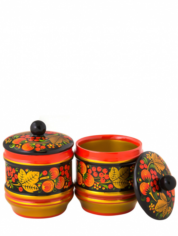 100 mm Khokhloma hand painted woode Sauce Bowl with lid and spoon on a round Tray (by Golden Khokhloma)