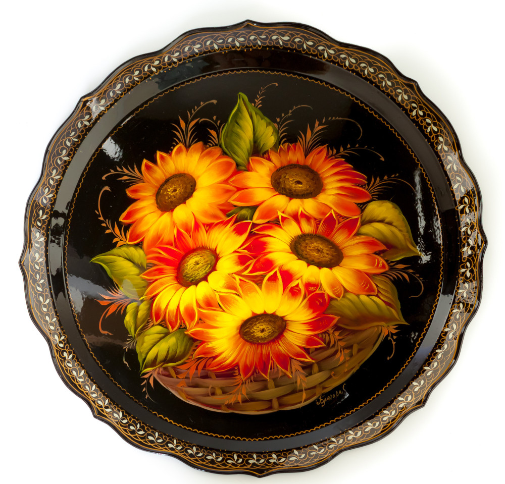 d 420 mm Sun Flowers & Zhostovo Patterns hand painted and lacquered by Golovina Metal Forged Tray (by Lada Crafts)