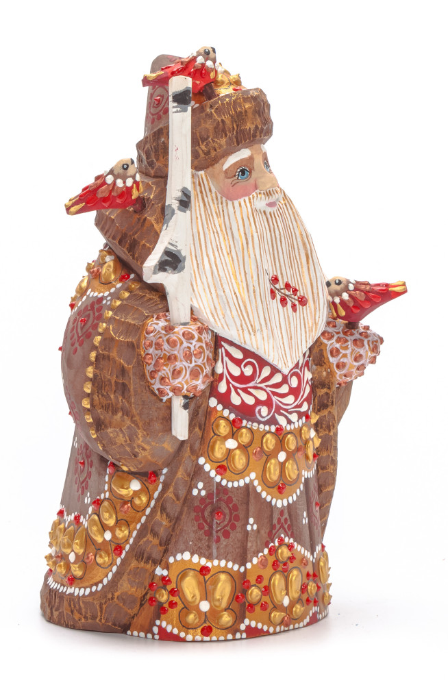 150 mm Santa with a Magic Staff and Birds Carved Wood Hand Painted Collectible Figurine (by Natalia Nikitina Workshop)