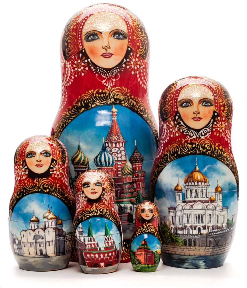 200 mm Moscow Snt Basil Cathedral hand painted wooden Matryoshka doll 5 pcs (by Trifonov Studio)