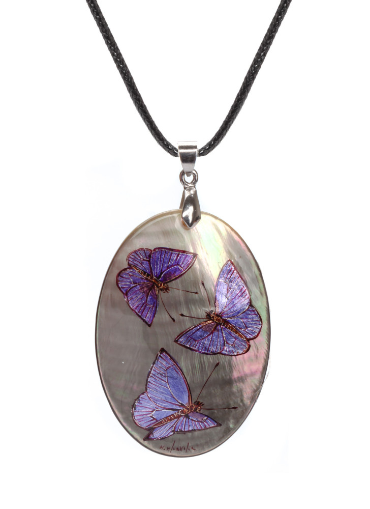 35x50 mm Butterflies hand painted Nacre Pendant (by Tatiana Shkatulka Crafts)
