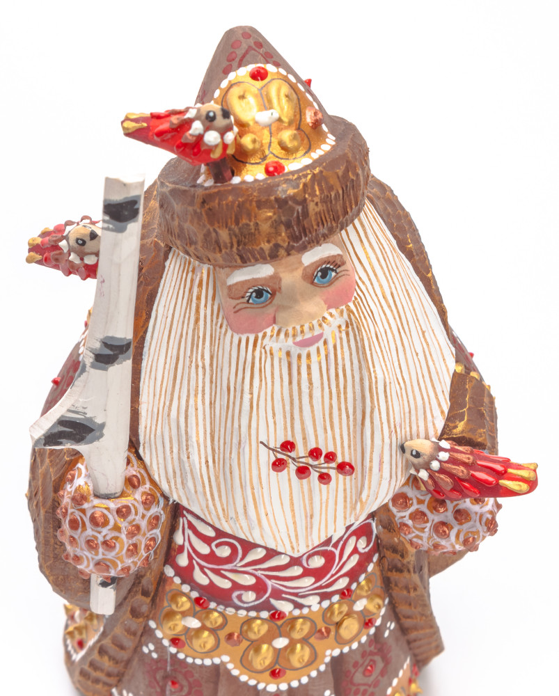 150 mm Santa with a Magic Staff and Birds Carved Wood Hand Painted Collectible Figurine (by Natalia Nikitina Workshop)