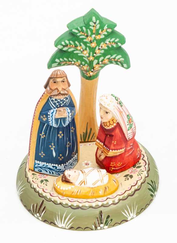 Nativity Set of 3 handpainted Carving Wooden Figures and Tree on round basement Ludmila Christmas Gifts