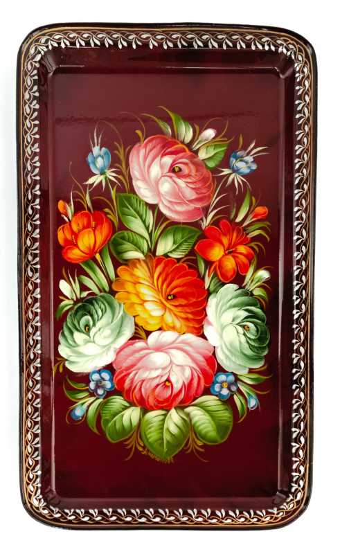 235x395 mm Zhostovo Patterns hand painted and lacquered by Anisimova Metal Forged Carmine Tray (by Lada Crafts)