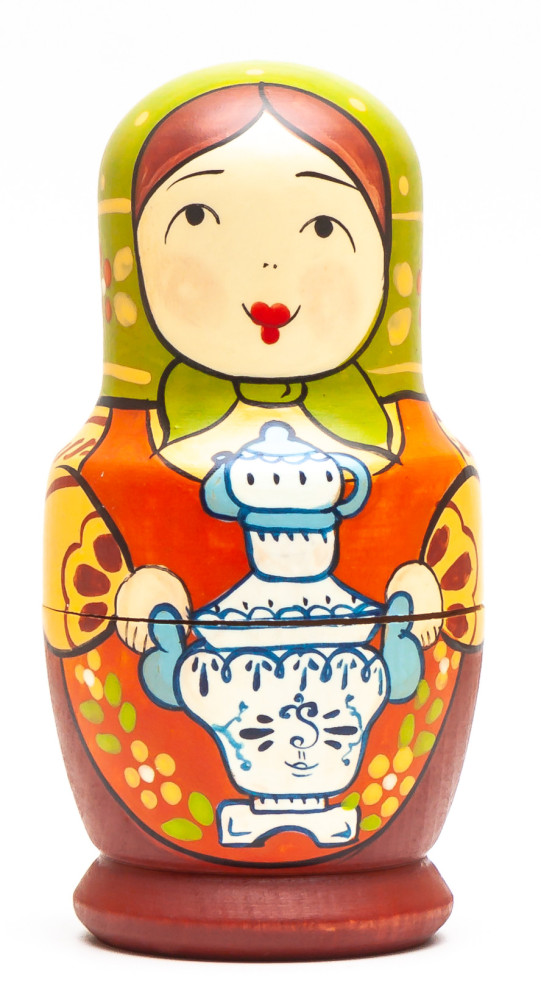 110mm Mistress with Ghzel Samovar hand painted Traditional Russian Wooden Matryoshka doll 5 pcs (by Igor Malyutin)