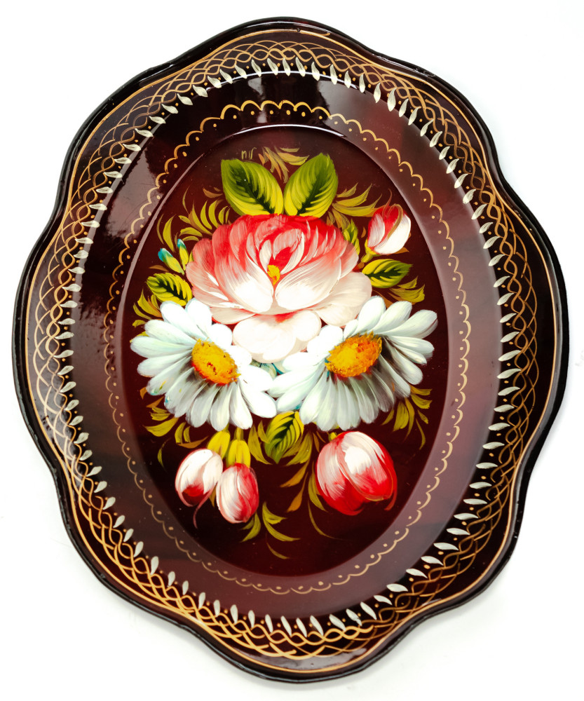 180x220 mm Zhostovo Patterns hand painted and lacquered Metal Forged Carmine Tray (by Lada Crafts)
