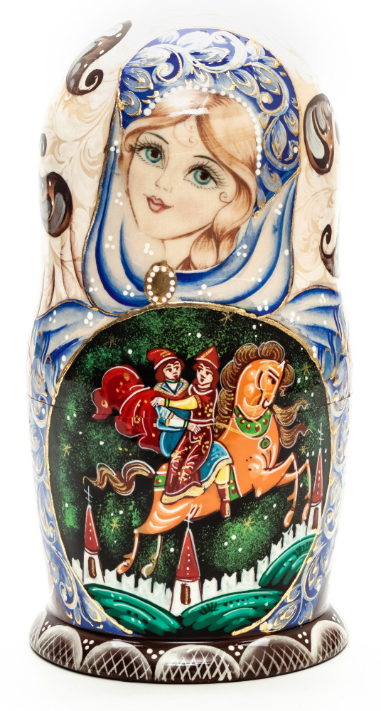 Shop Exclusive Nesting Dolls 180 mm Russian Fairytale by Pushkin handpainted Wooden Matryoshka Doll 5 pcs (by Sheherazade) online at Skazka.site | Eligible for fast shipping and free returns. 180 mm Russian Fairytale by Pushkin handpainted Wooden Matryoshka Doll 5 pcs (by Sheherazade)