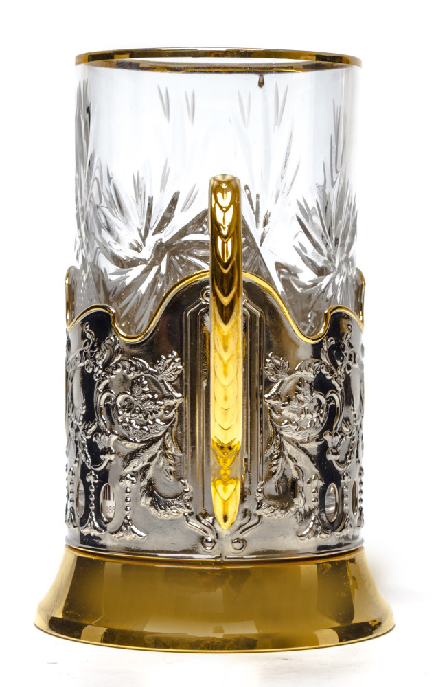 Saint Basil Cathedral Gold Plated Brass Tea Glass Holder with Crystal Glass and Gold Plated Tea Spoon (by Kolchugino)