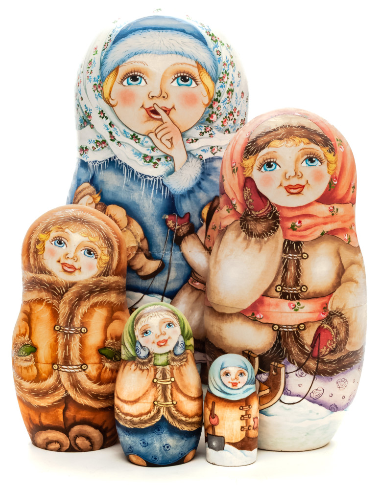 180 mm Kids playing in the Snow hand painted on wooden Matryoshka doll 5pcs (by Alexander Famous Paintings Studio)