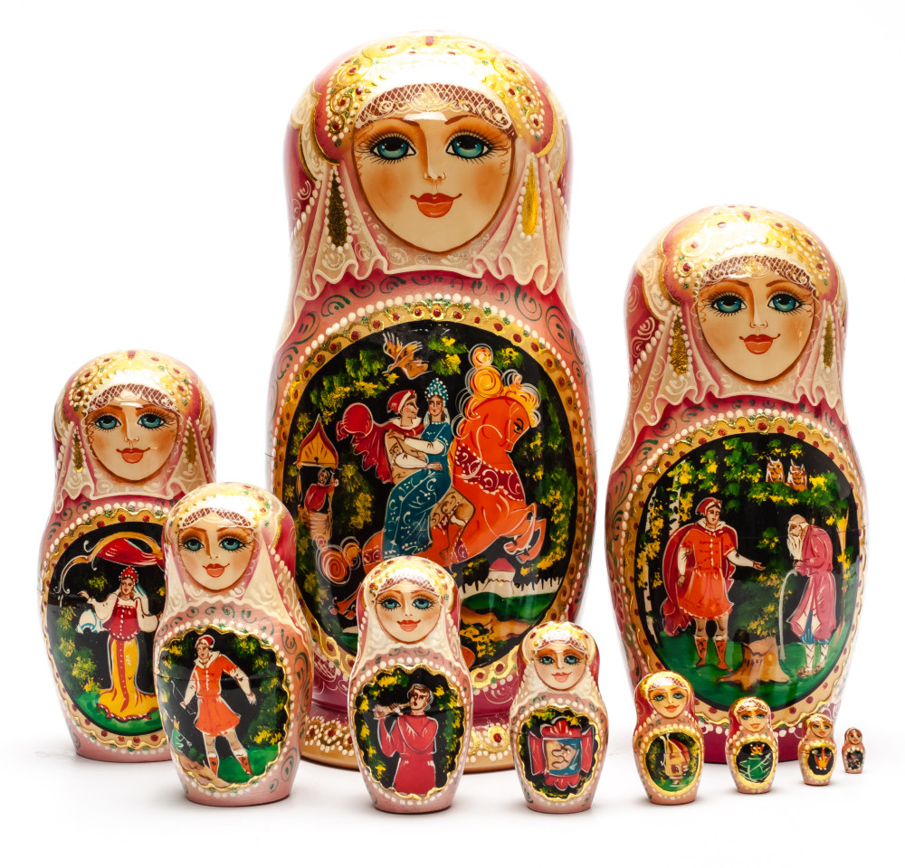 Shop Exclusive Nesting Dolls 270 mm Sleeping Beauty fairytale hand painted wooden Matryoshka doll 10 pcs (by GOLDEN COCKEREL) online at Skazka.site | Eligible for fast shipping and free returns. 270 mm Sleeping Beauty fairytale hand painted wooden Matryoshka doll 10 pcs (by GOLDEN COCKEREL)