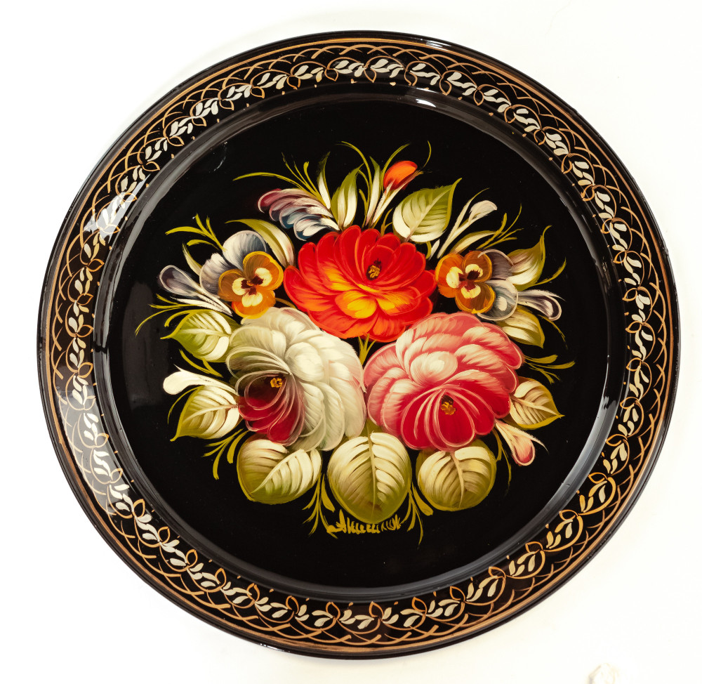 d 290 mm Zhostovo Patterns hand painted and lacquered by Anisimova Metal Forged Tray (by Lada Crafts)