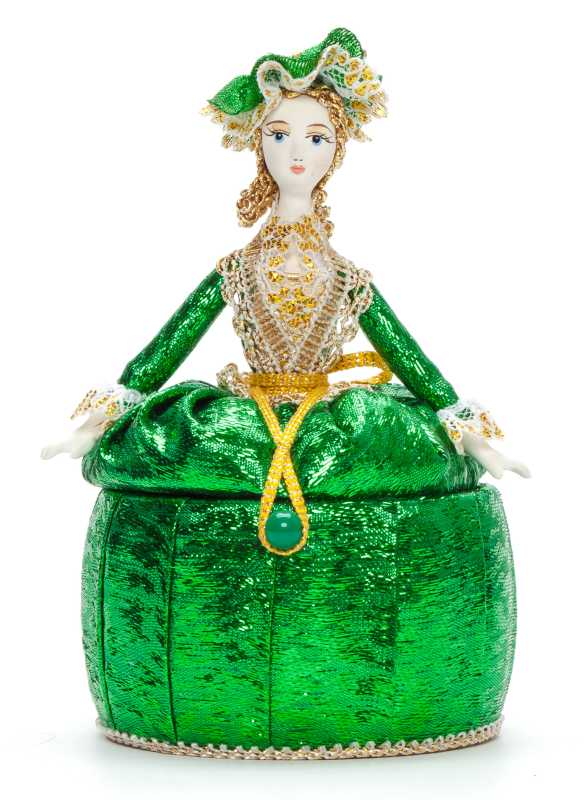 Girl in a Little Hat and Nice Dress Jewelry Box (brocade, hand-sewn Doll by Le Russe)