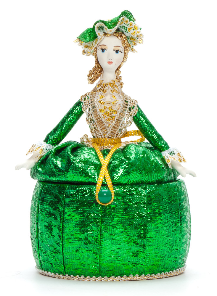 Girl in a Little Hat and Nice Dress Jewelry Box (brocade, hand-sewn Doll by Le Russe)