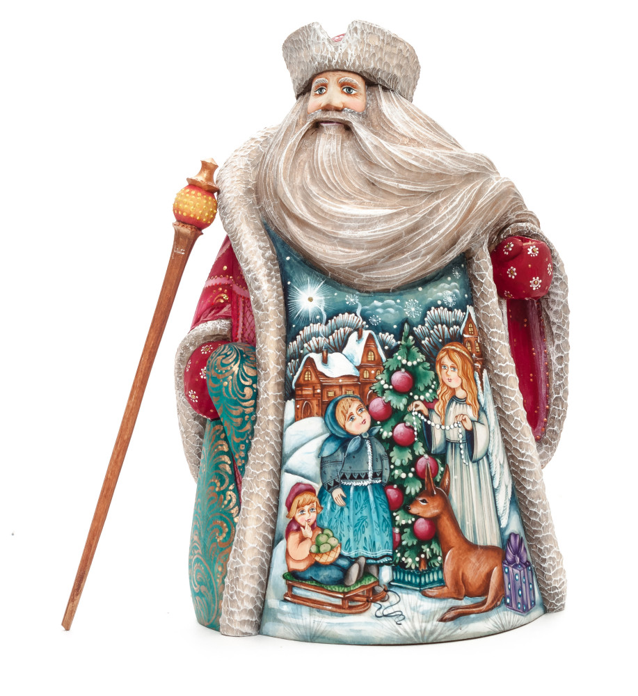 220 mm Santa with a Magic Staff and a Bag with hand painted Angel giving a Gift to the Kids Carved Wood Collectible Figurine (by Sergey Christmas Workshop)