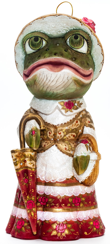 260 mm Frog with an Umbrella  hand painted Wooden Statue (by Natalia Nikitina Workshop)