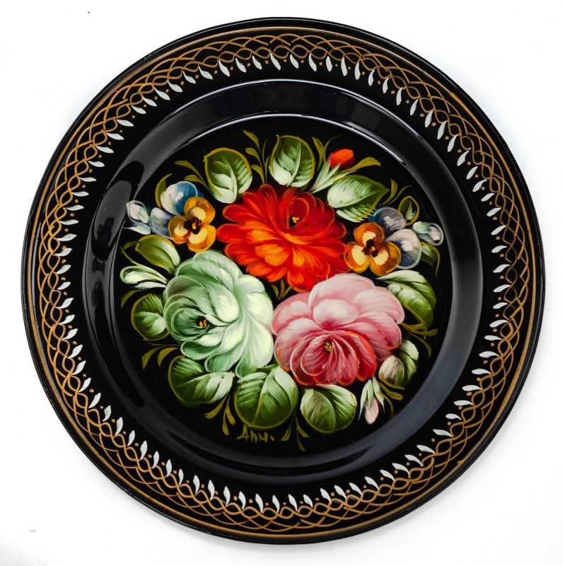  d 180 mm Zhostovo Patterns hand painted and lacquered Metal Forged Black Tray (by Lada Crafts)