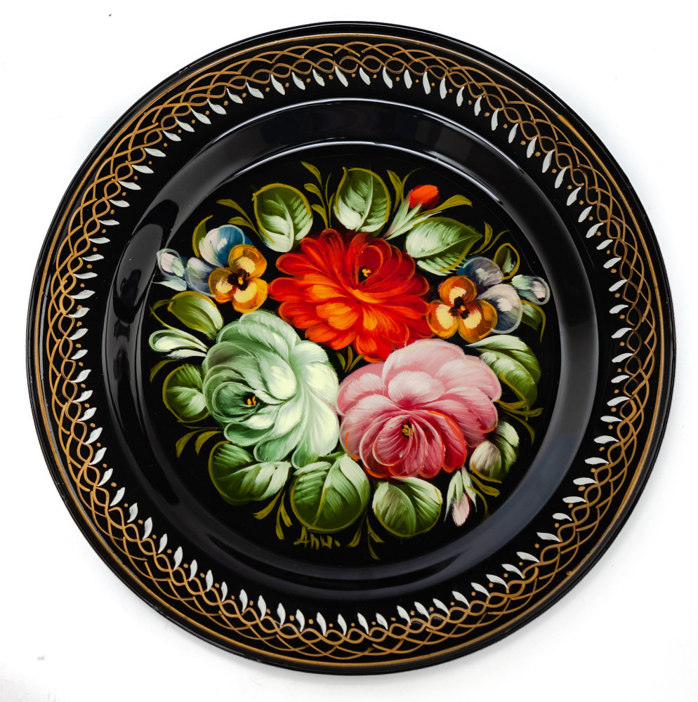  d 180 mm Zhostovo Patterns hand painted and lacquered Metal Forged Black Tray (by Lada Crafts)