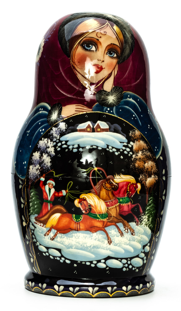190mm Russian Troika hand painted Matryoshka doll 5pcs